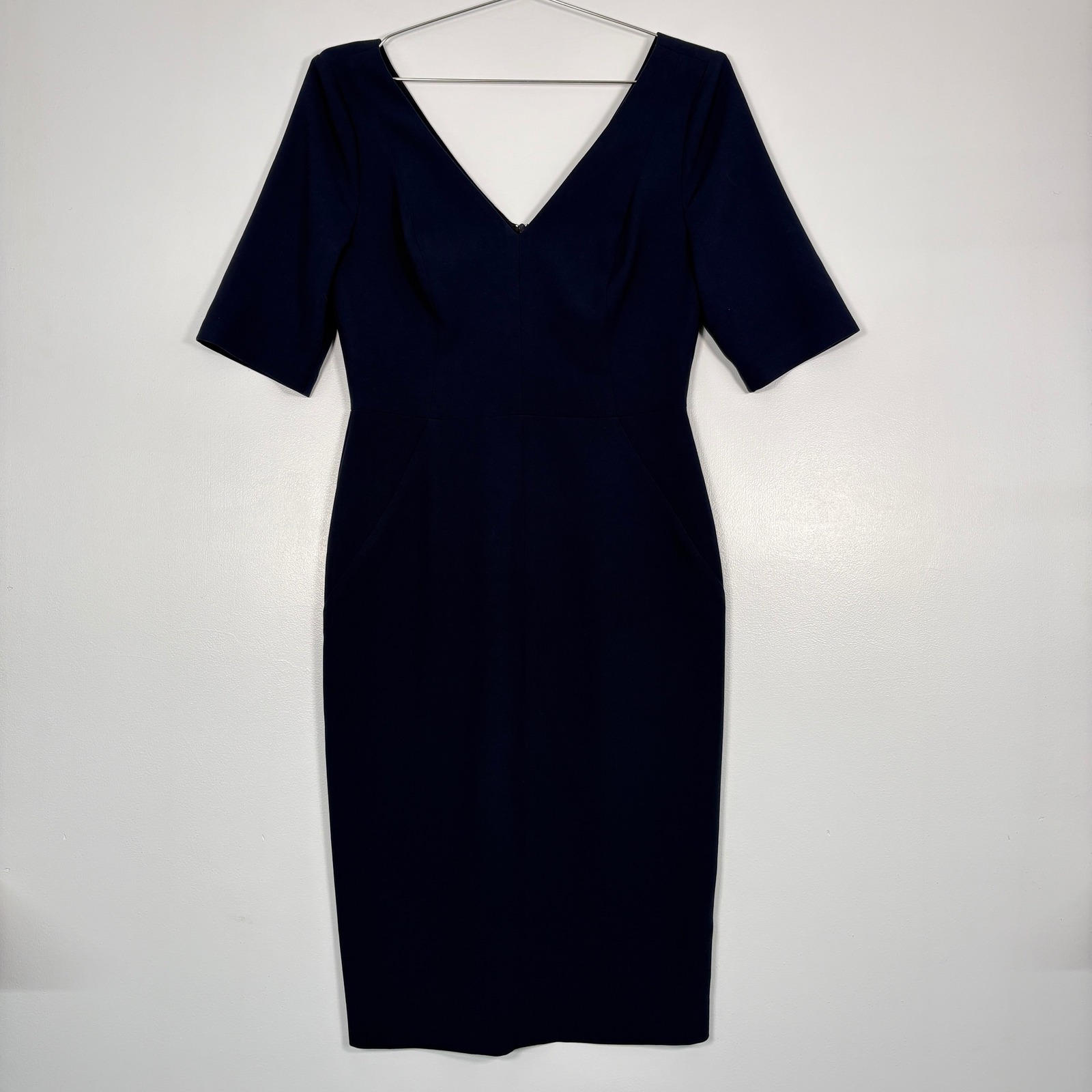 Black Halo Women Dress 10 Navy Blue Jeanette Sheath V-Neck Short Sleeve 3599353
